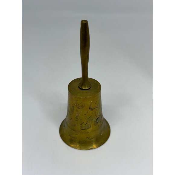VTG Solid Brass Hand Bell 4.5" Etched Decorative Call Service Wedding Bell Retro - Picture 2 of 7